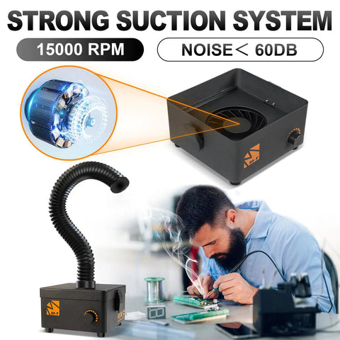 Heavy-Duty Solder Fume Extractor 80W, 168 M3 Per Hour Airflow, HEPA And Carbon Filtration, 3-Speed Control in use with electronics