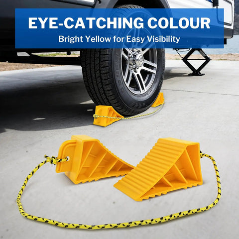 Heavy Duty Wheel Chocks For Rvs And Trailers, Non Slip Tire Stoppers With Durable Rope, Grooved Parking Blocks under RV tire.