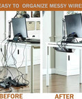 Comparison of desk before and after using Under Desk Cable Management Tray And Storage Rack For Neat Wires USB Hubs And Power Strips Space Saving 34 Inch Raceway You Can Join Or Split To Fit Your Setup Mountable Desk Cord Organizer To Tidy Cables And Create A Clean Workspace.