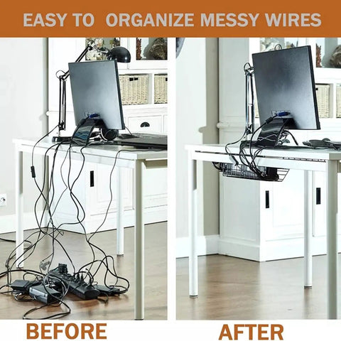 Comparison of desk before and after using Under Desk Cable Management Tray And Storage Rack For Neat Wires USB Hubs And Power Strips Space Saving 34 Inch Raceway You Can Join Or Split To Fit Your Setup Mountable Desk Cord Organizer To Tidy Cables And Create A Clean Workspace.