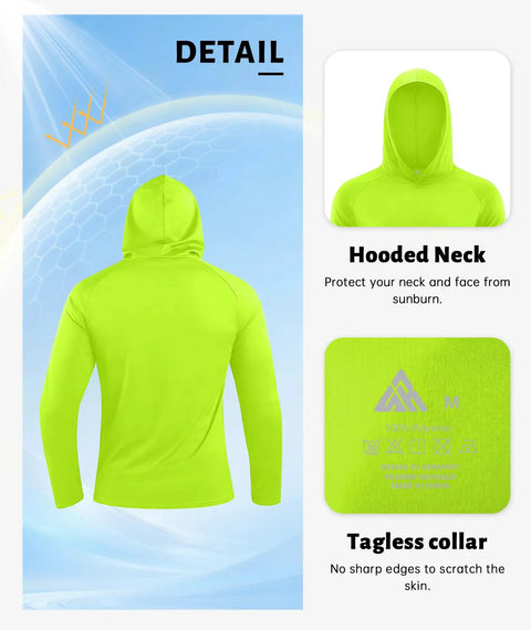 Back view of neon green shirt from Three Pack Men's UPF Fifty Plus Hooded Sun Shirts, Long Sleeve UV Protection Rash Guard Set.