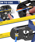 Close-up of All In One Ferrule Crimping Tool Kit With Built In Automatic Wire Stripper And Ferrule Crimper For AWG 24 10 And AWG 23 7 Wires in use