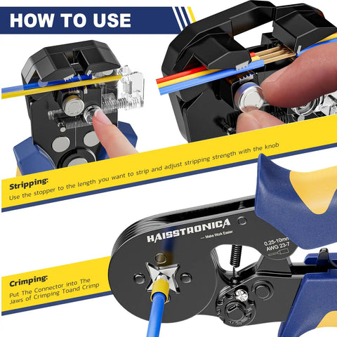 Close-up of All In One Ferrule Crimping Tool Kit With Built In Automatic Wire Stripper And Ferrule Crimper For AWG 24 10 And AWG 23 7 Wires in use