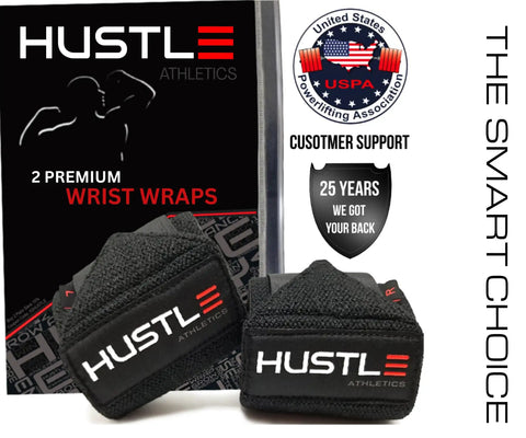 Weightlifting Wrist Wraps For Heavier Lifts 18 Inch And 12 Inch Premium Wrist Support Straps shown with packaging and logo