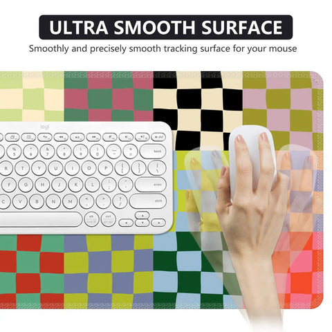 Retro Checkered Desk Mat Large Mouse Pad For Gaming And Work Ultra Smooth Surface shown with keyboard and mouse