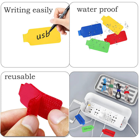 60 Piece Color Coded Cable Labels And Hook And Loop Ties Set For Home Office Cord Management with reusable and waterproof labels.
