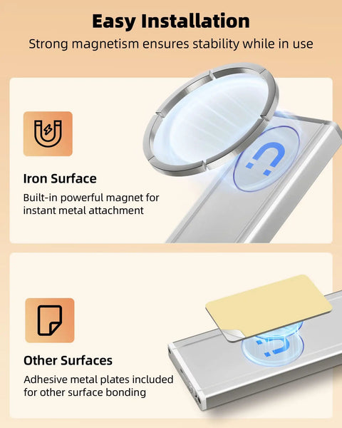 Installation options for 10 Inch Under Cabinet Lighting No Fuss With Motion Sensor LED Lights For Kitchen Pantry And Stairs USB Rechargeable 2400mAh Dimmable Magnetic Wireless Under Counter Lamps 2 Pack, showing magnetic and adhesive options.