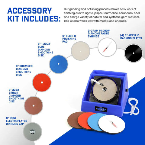 8 Inch Slant Cabber For Lapidary Projects With Rock Polisher And Stone Shaper Kit 115V showing accessories and discs