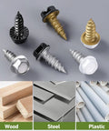 Heavy Duty Size Eight By One Half Self Tapping Gutter Screws Rock Solid Rust Resistant 410 Stainless Steel fasteners on surface with materials displayed.