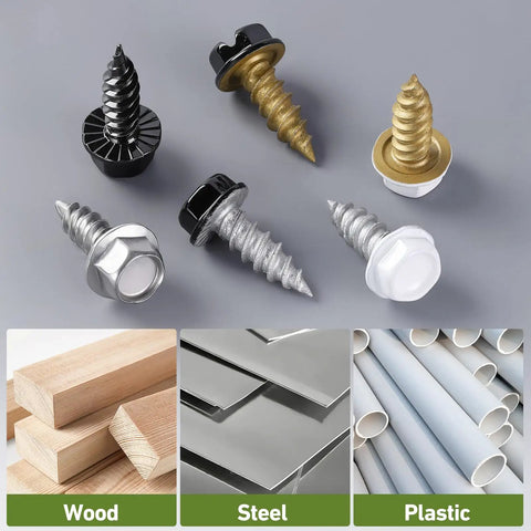 Heavy Duty Size Eight By One Half Self Tapping Gutter Screws Rock Solid Rust Resistant 410 Stainless Steel fasteners on surface with materials displayed.