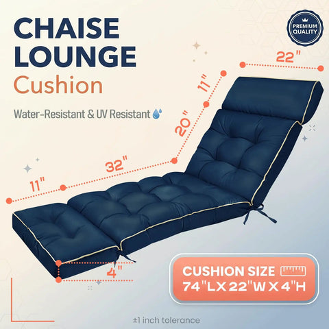 Outdoor Chaise Lounge Cushion With Memory Foam Replacement For Patio Pool Lounge Chair Pad With Ties 74 By 22 By 4 Inches Oxford Blue Cozy Plush Comfort For Outdoor Furniture shown with dimensions and details.