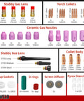 Beast Pro-Grade TIG Welding Accessories Kit, 71 Pieces for WP 17 18 26 Torch, includes collets, gas nozzles, and Pyrex glass cups.