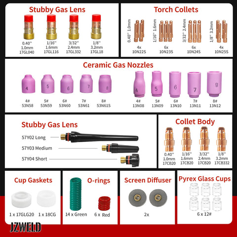 Beast Pro-Grade TIG Welding Accessories Kit, 71 Pieces for WP 17 18 26 Torch, includes collets, gas nozzles, and Pyrex glass cups.