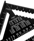 Dead On Twelve Inch Aluminum Rafter Square Top Shelf Carpenter Triangle Ruler showing etched markings for precise measurements.