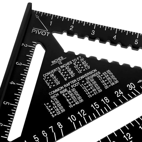 Dead On Twelve Inch Aluminum Rafter Square Top Shelf Carpenter Triangle Ruler showing etched markings for precise measurements.