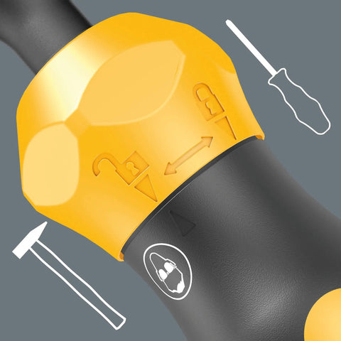 Close-up of Kraftform Kompakt 900 Imperial Impact Screwdriver Set handle showing reversible arrows and hammer icons