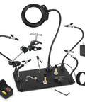 Magnetic Helping Hands Soldering Station with 5X LED magnifying lamp, 6 flexible arms, soldering clamp, and heavy-duty base