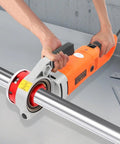 Vonz0er 2300W Electric Pipe Threader Kit With 6 Dies for Galvanized Steel, handheld tool threading a stainless steel pipe.