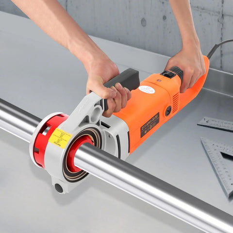 Vonz0er 2300W Electric Pipe Threader Kit With 6 Dies for Galvanized Steel, handheld tool threading a stainless steel pipe.