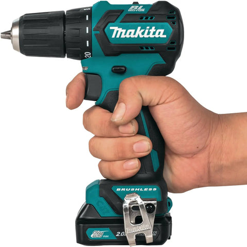 Badass 12v Max Lithium Ion Cxt Brushless Drill Driver Featuring Electric Brake And Bright Led Lamp Keyless Chuck Compact Heavy Duty Cordless Tool held in hand.