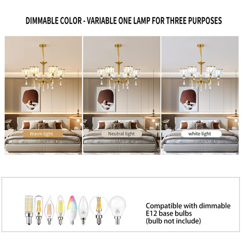 Gold Wagon Wheel Chandelier With 6 Lights, Clear Crystal Shades, Nordic Modern Mid Century Hanging Pendant Light Fixture in different lighting settings