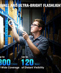 Person using Ultra Slim EDC Flashlight Rechargeable With 8 Modes Magnetic Base And Clip in warehouse, 800 lm