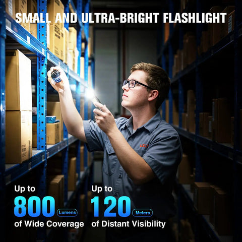 Person using Ultra Slim EDC Flashlight Rechargeable With 8 Modes Magnetic Base And Clip in warehouse, 800 lm