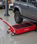 Low Profile 20 Gallon Rolling Oil Drain Pan With Manual Pump And 7.2 Foot Hose beside a vehicle, red and steel, for cars SUVs trucks ATVs