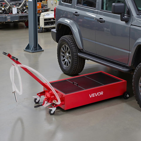 Low Profile 20 Gallon Rolling Oil Drain Pan With Manual Pump And 7.2 Foot Hose beside a vehicle, red and steel, for cars SUVs trucks ATVs