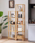 Five Tier Tall Narrow Bookshelf Takes Up Zero Floor Space While Holding All Your Favorites In A Smooth Natural Finish Fits Snuggly Against Walls To Kick Clutter Out The Door Fast, styled with decor and kitchen items.