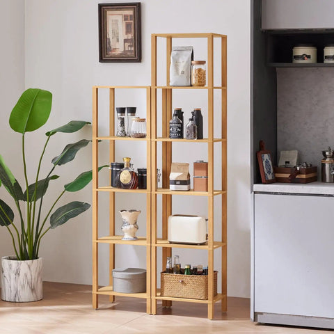 Five Tier Tall Narrow Bookshelf Takes Up Zero Floor Space While Holding All Your Favorites In A Smooth Natural Finish Fits Snuggly Against Walls To Kick Clutter Out The Door Fast, styled with decor and kitchen items.