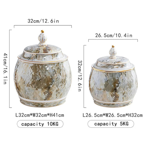 Durable Ceramic Rice Jar And Large Tea Storage Container With Massive Capacity For Keeping Coffee Beans Grain Flour And Cereal Fresh While Dropping Clean Looks On Your Counter, two sizes displayed.