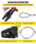 Operating steps for 24 Inch Heavy Duty Hand Swager Crimper Tool With Five Dies, showing crimping and cutting of wire rope sleeves.