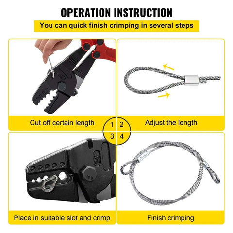Operating steps for 24 Inch Heavy Duty Hand Swager Crimper Tool With Five Dies, showing crimping and cutting of wire rope sleeves.