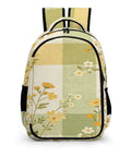 Yellow Green Plaid Floral Print Backpack For Everyday Use, front view showing design and durable polyester material, unisex daypack.
