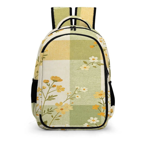 Yellow Green Plaid Floral Print Backpack For Everyday Use, front view showing design and durable polyester material, unisex daypack.