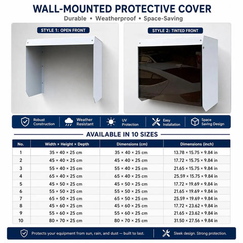 Rock Solid Weatherproof EV Charger Cover Wall Mounted Outdoor Shelter in open and tinted styles, showing sizes and features.