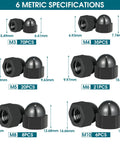 Big Ol 160Pcs Nylon Acorn Nut Set Kit Black Dome Nuts For Protecting Hex Bolts M3 M4 M5 M6 M8 M10 sizes and measurements