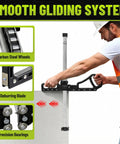 Front view of Zozen drywall cutter, foldable with metric/imperial scale and adjustable cut height in use