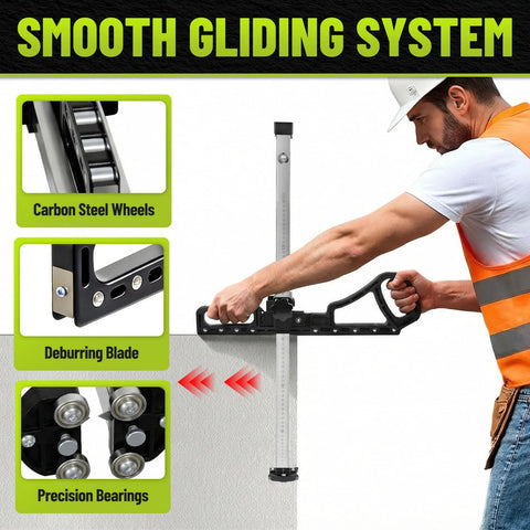 Front view of Zozen drywall cutter, foldable with metric/imperial scale and adjustable cut height in use