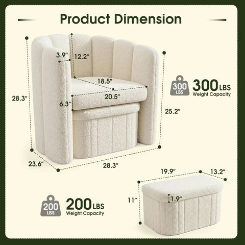 Super Snug White Barrel Accent Chair With Storage Ottoman In Thick Teddy Boucle Fleece Plush Lounge Seating For Living Room dimensions and weight capacity