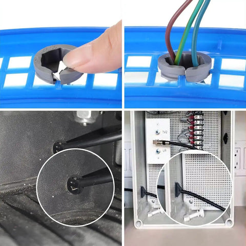 150 Pack 3/8 To 1/2 Inch Electrical Wire Box Connectors Push In Non Metallic Cable Clamp For Romex Box Cable Fittings Easy Install Push In Design Fits 1/2 Inch Knockouts Durable Nylon Construction showing installation steps and uses in electrical setups.