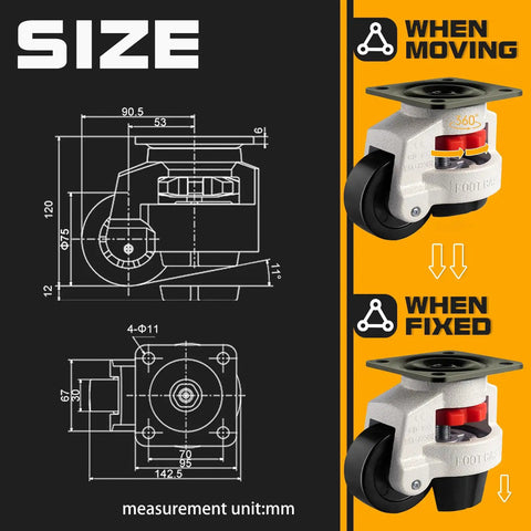 Heavy Duty Adjustable Leveling Feet Casters With Vibration Dampening Rubber Pads For Shop Equipment diagram showing dimensions and features.