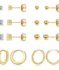 14K Gold Earrings Set For Women And Men, 925 Sterling Silver Posts, Hypoallergenic, Includes Small Ball CZ Studs, Hoop Earrings, Huggie Earrings, And Mini Hoop For Multiple Piercings. Gold earring set with CZ studs and hoops