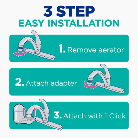 3-step installation guide for Lead Reducing Faucet Mount Water Filter For Your Sink Easy Install Great Tasting Water Save Money Ditch Bottled Water 100 Gallon Filter Life Chrome Finish Compatible With Sinks With External Aerators