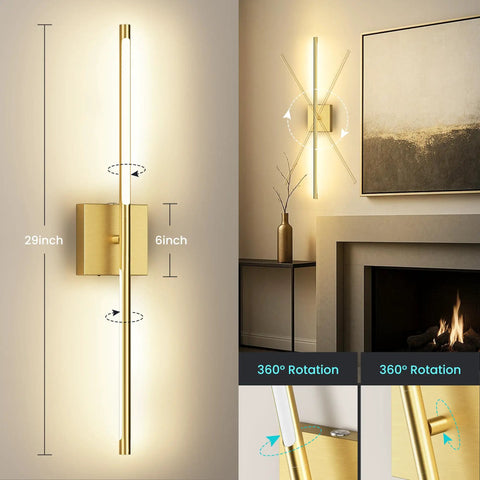 Two Pack Battery Operated Wall Sconces With Remote Control 10000mAh Rechargeable Cordless LED Lamps, gold finish, 29-inch tall.
