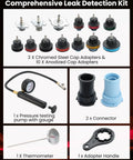 Heavy Duty 18 Piece Radiator Pressure Pump And Cooling System Leak Test Kit With Universal Water Tank Adapter includes cap adapters and tools.