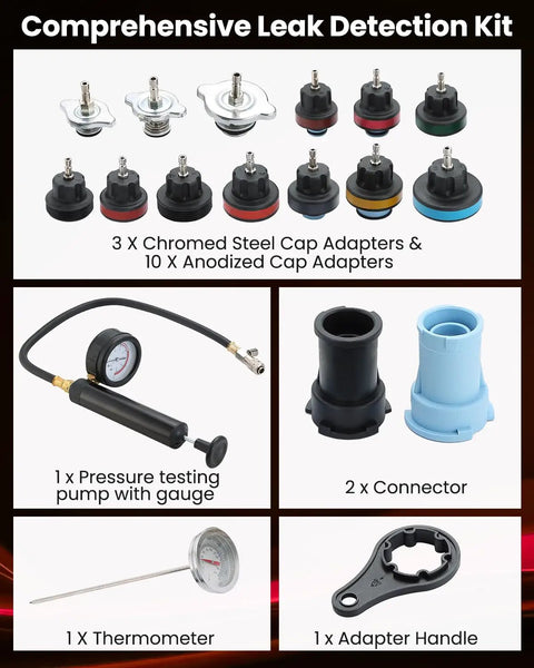 Heavy Duty 18 Piece Radiator Pressure Pump And Cooling System Leak Test Kit With Universal Water Tank Adapter includes cap adapters and tools.