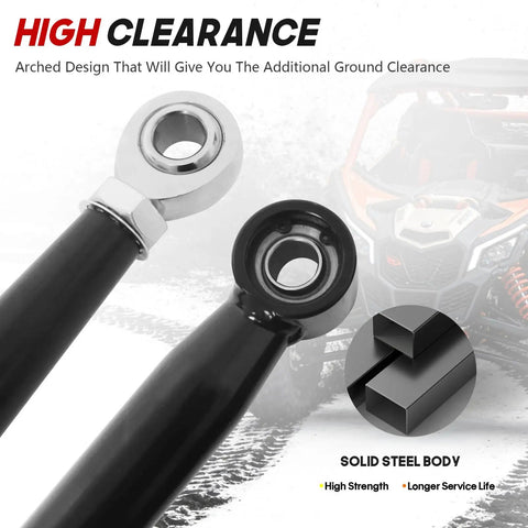Close-up of Can Am Maverick X3 Rear Radius Rods 64 Inch Heavy Duty Pre Adjusted Steel With Heim Joints High Clearance Offset for 2017-2021