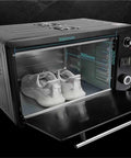 Premium Cold Light UV Curing Box For DLP LCD SLA 3D Printers No Sweat Setup showing dimensions and shoes inside.